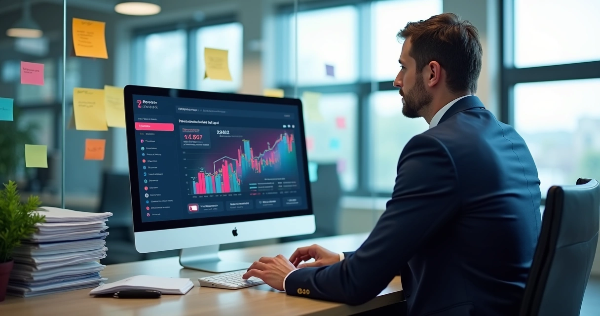 Advogado analisa dashboard com módulos de IA 