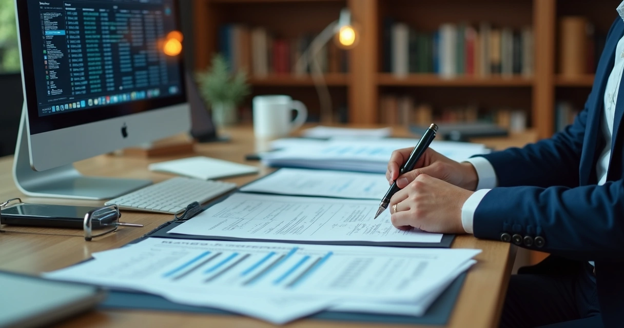 Advogado analisando documentos contábeis e digitais 
