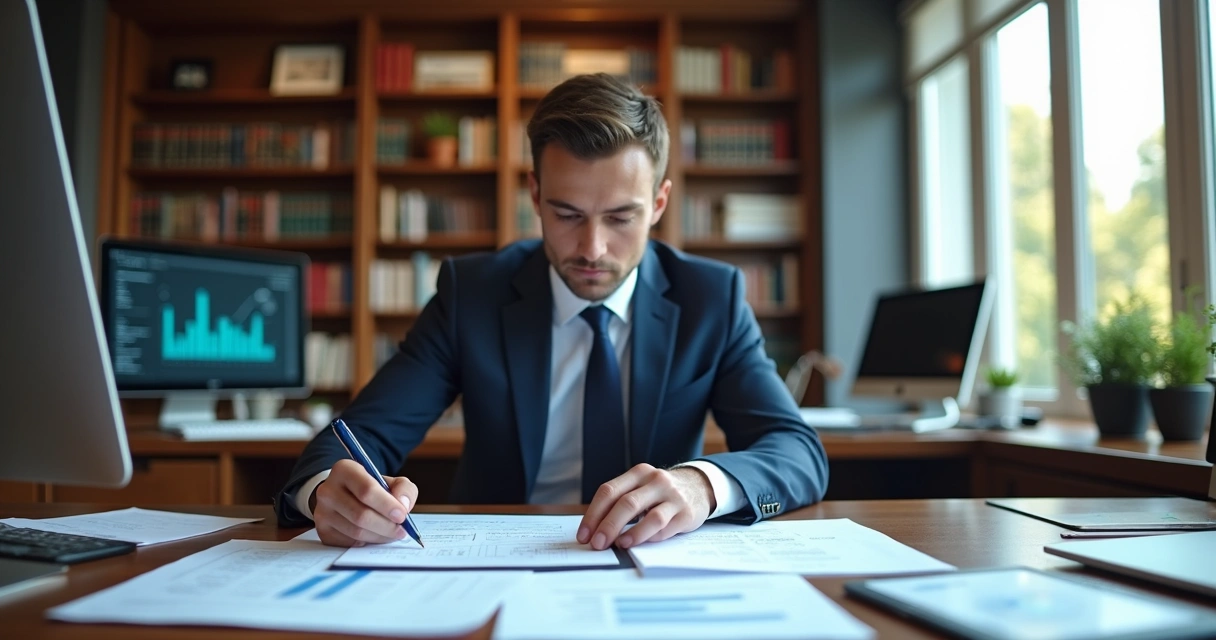 Advogado analisando documentos e planilhas em escritório moderno e bem iluminado 