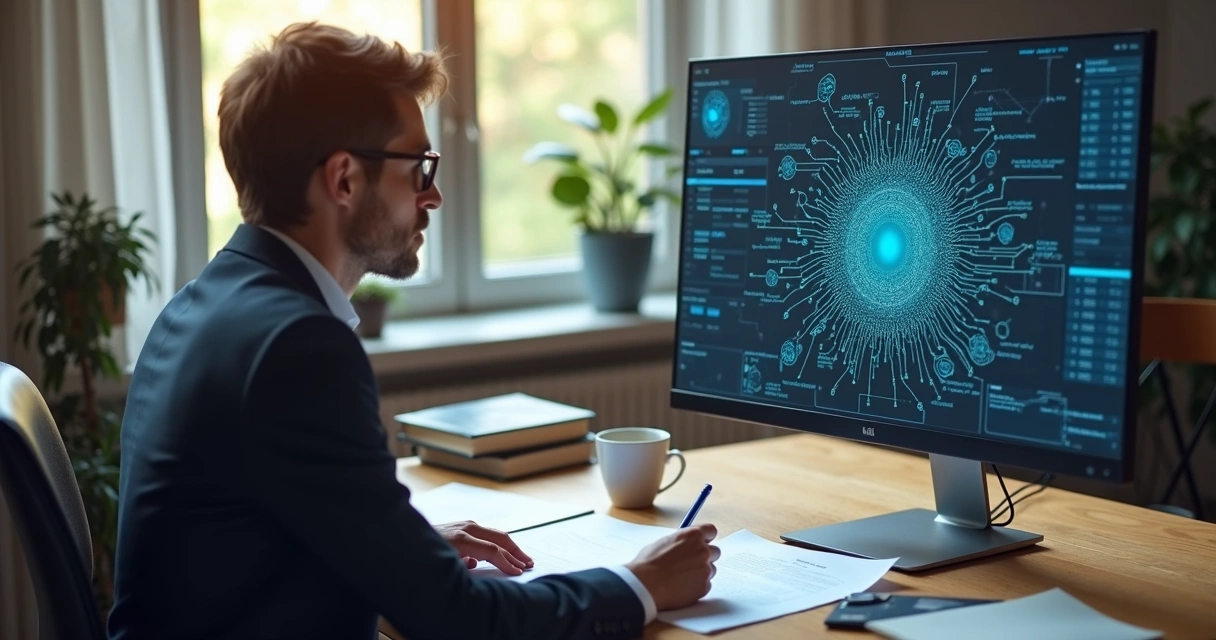 Advogado analisando documentos jurídicos em tela de computador com gráficos de IA 