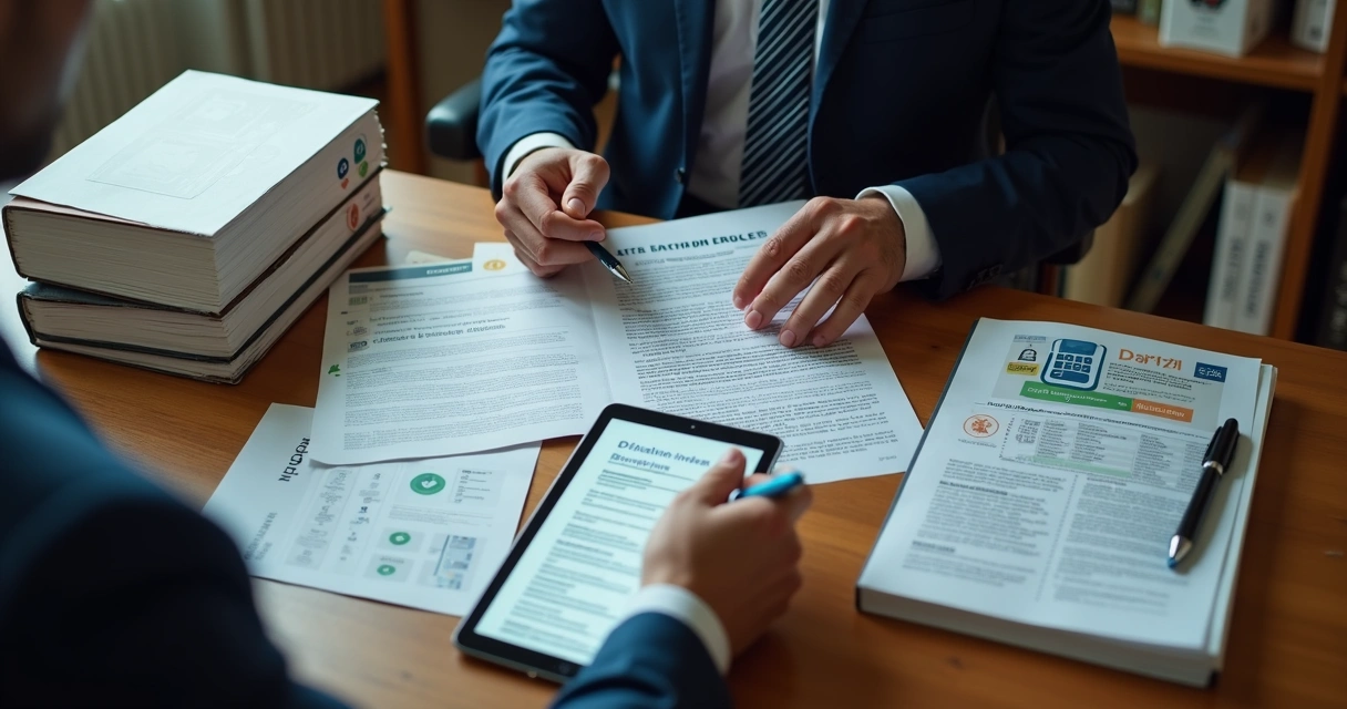 Advogado revisando normas éticas e LGPD em um escritório moderno de advocacia 