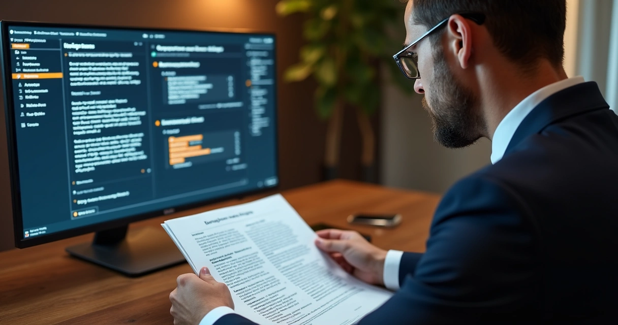 Advogado trabalhando ao lado de computador com interface de IA 