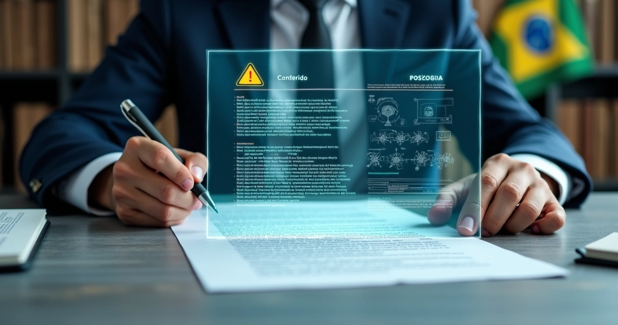 Advogado analisando documento jurídico com destaque para inteligência artificial 