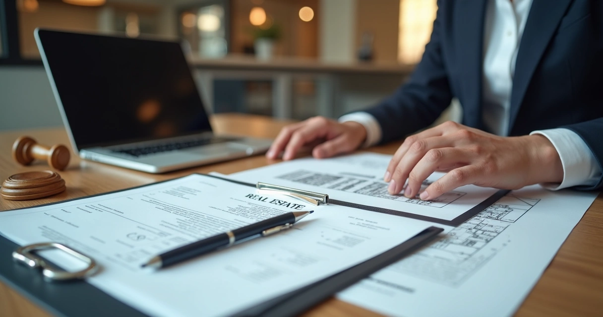 Advogado analisando documentos imobiliários 