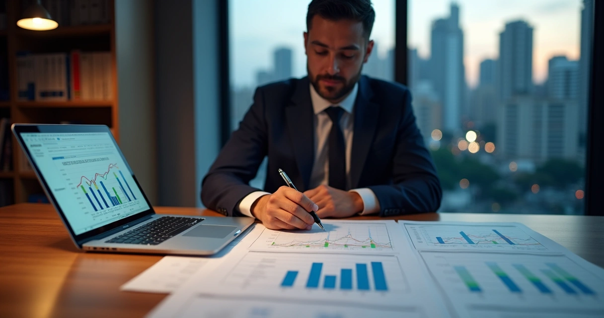 Advogado analisando documentos fiscais e gráficos sobre ICMS PIS Cofins em escritório moderno 