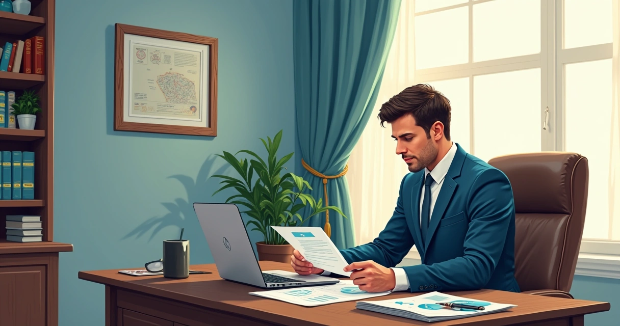 Advogado analisando contrato de rescisão em escritório, com mesa organizada e ambiente profissional.