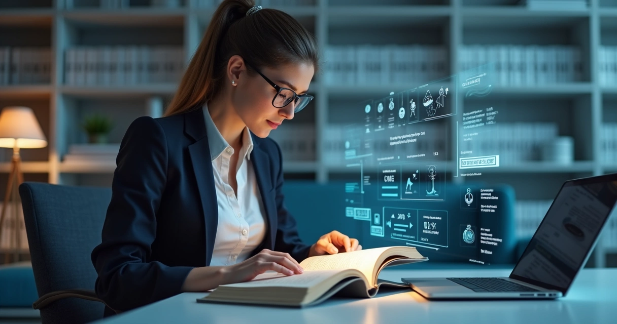 Advogada lendo livro de direito cercada de tecnologia e telas digitais