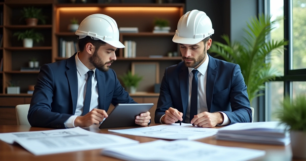 Advogado e assistente técnico revisam documentos jurídicos na mesa 