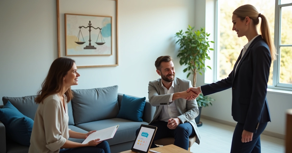 Advogada cumprimenta cliente com aperto de mão em recepção moderna 