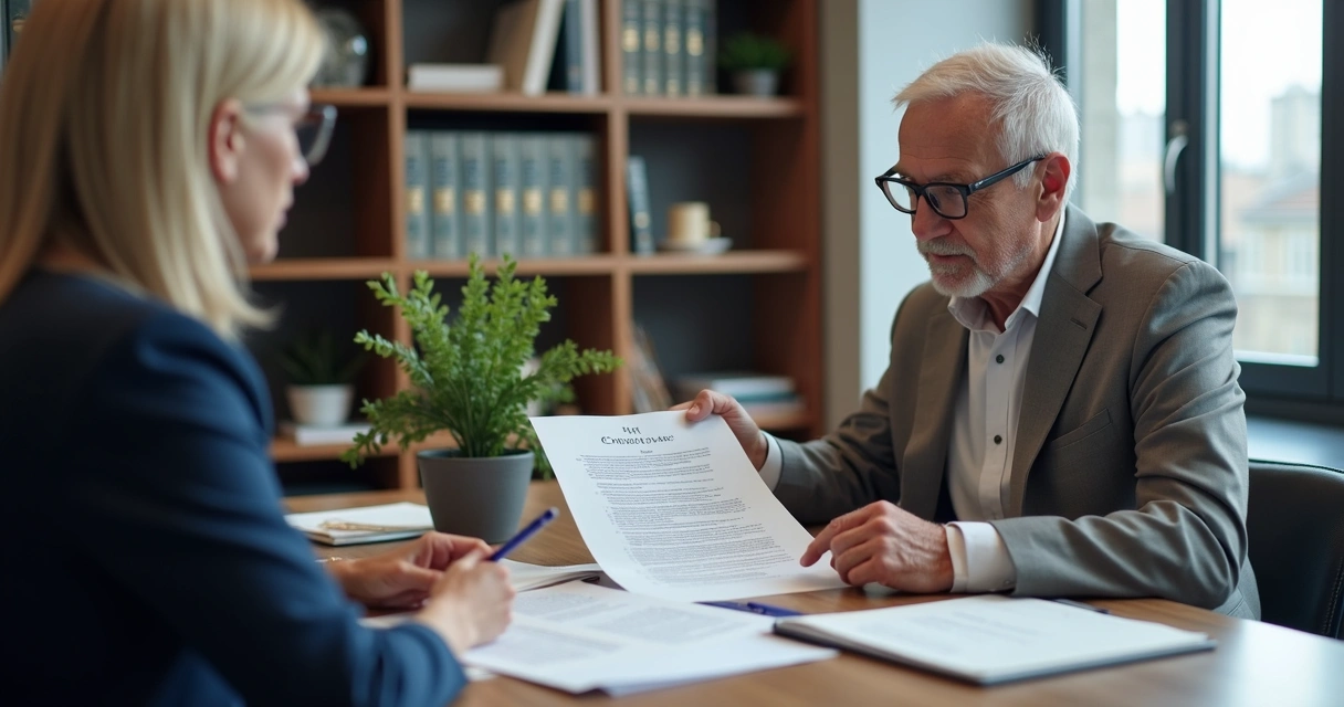 Advogado explicando contrato para cliente na mesa 