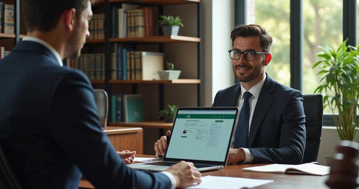 Advogado atende cliente no escritório com WhatsApp aberto na tela do computador. 