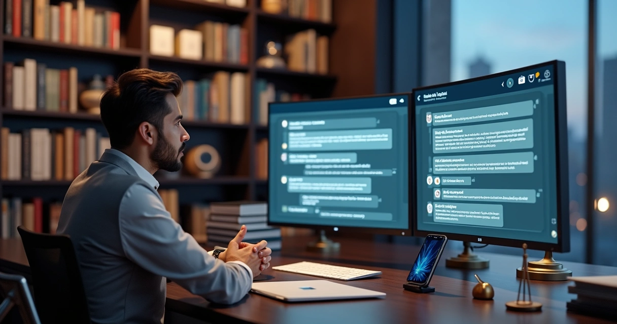 Advogado em videoconferência com painel de chatbot jurídico em tela lateral 