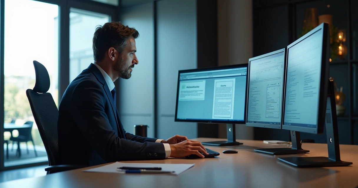 Advogado analisando digitalmente vários processos abertos em telas 