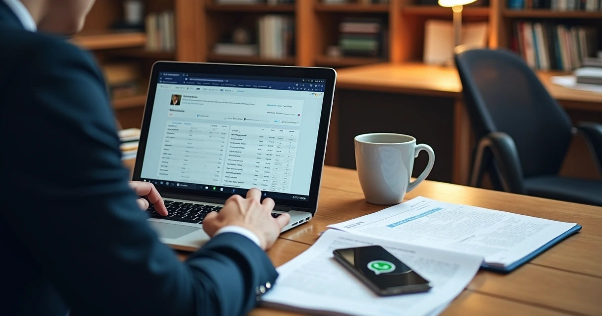 Advogado usando software de atendimento em notebook com fichas digitais organizadas na tela 