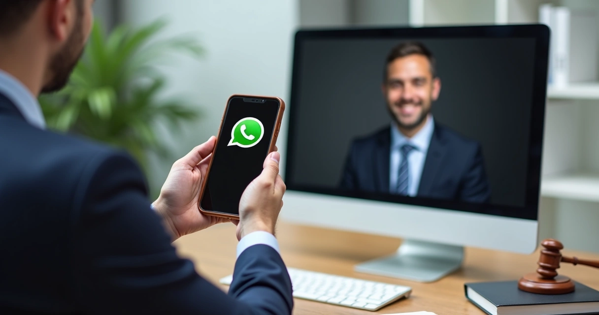 Advogado atendendo cliente por WhatsApp no escritório