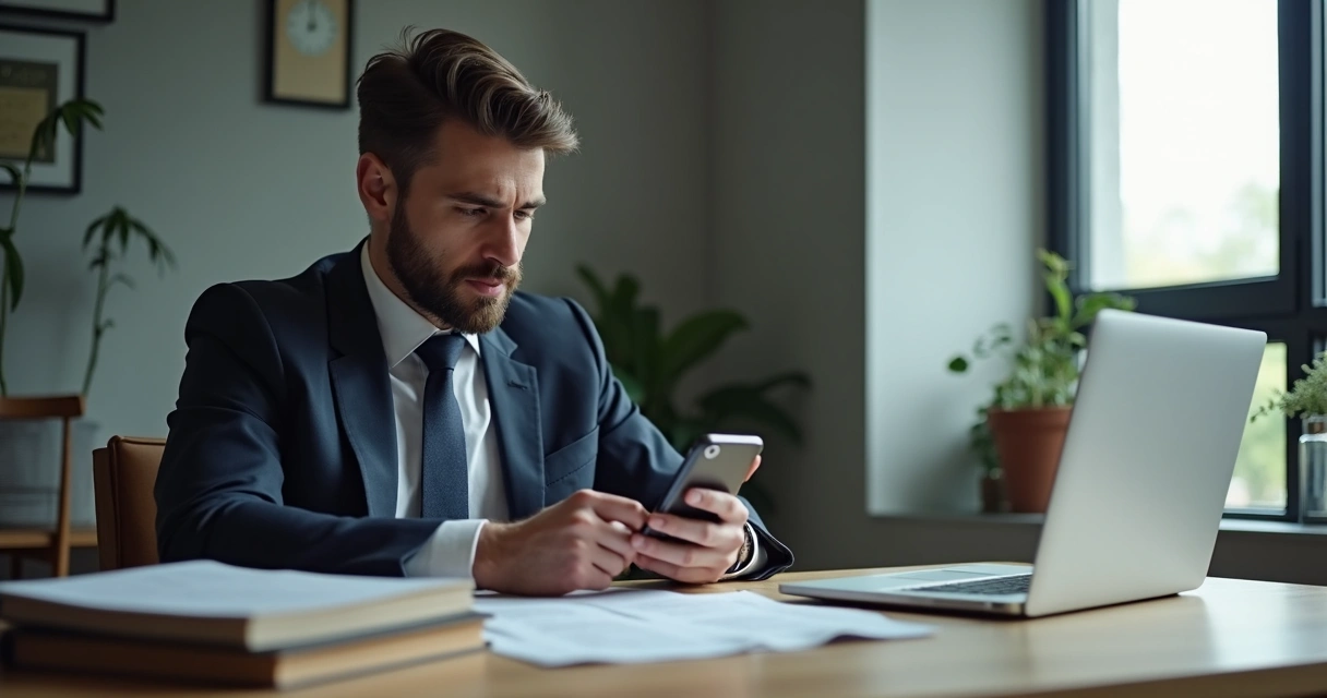 Advogado usando celular para atendimento ao cliente no escritório 