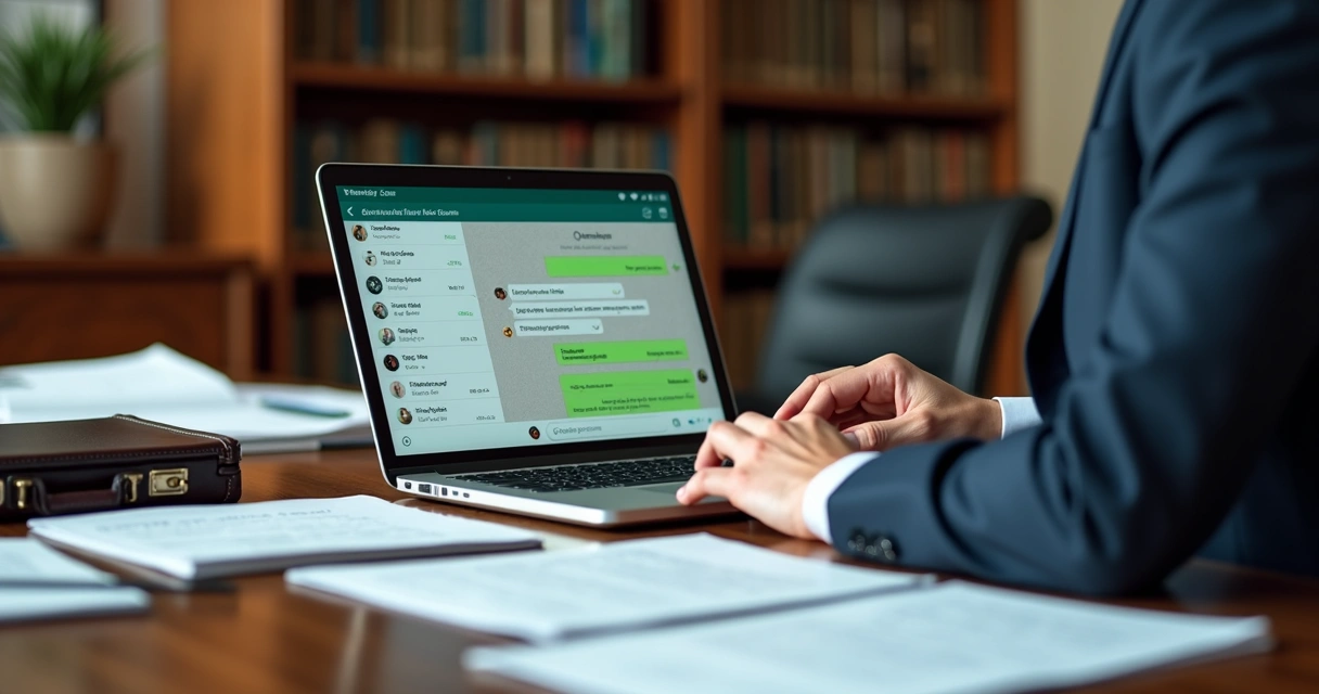 Advogado usando laptop com tela do WhatsApp aberto e documentos jurídicos organizados ao redor 