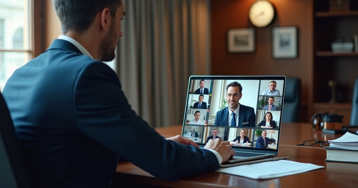Advogado usando notebook em audiência remota 