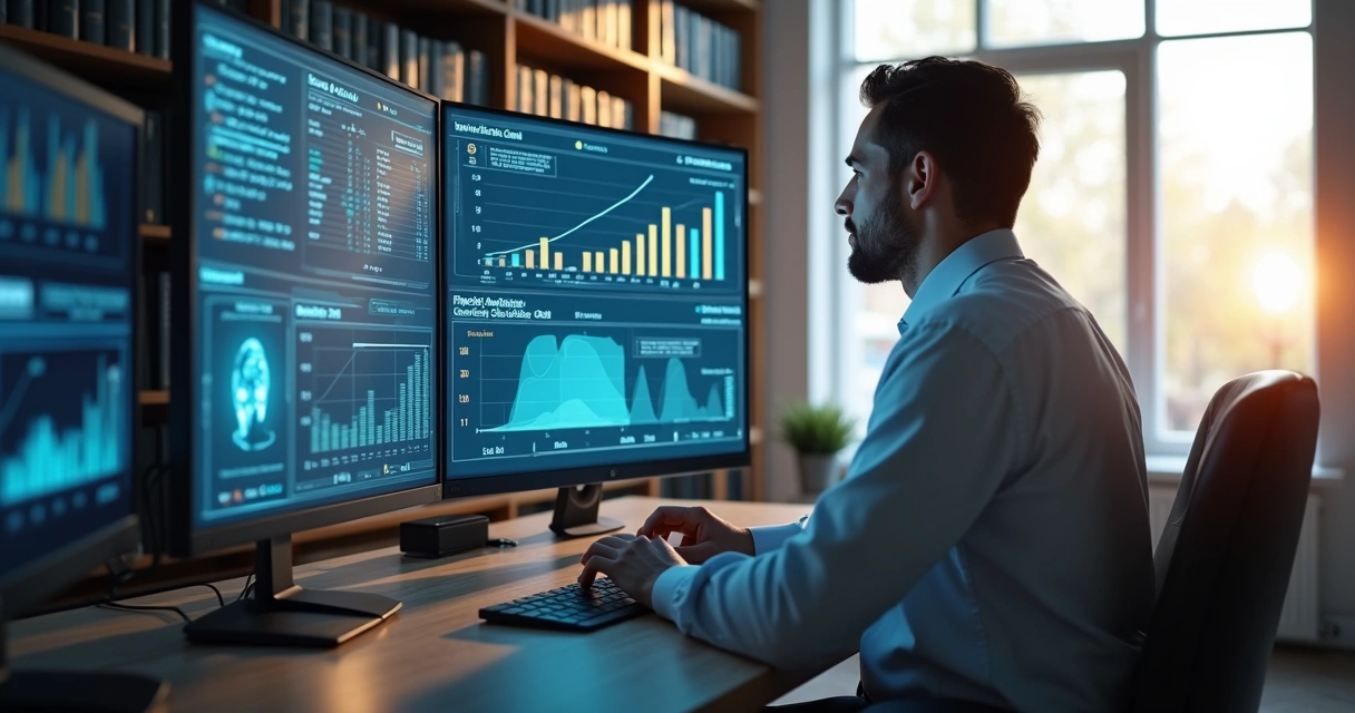Advogado trabalhando com inteligência artificial em escritório digital 