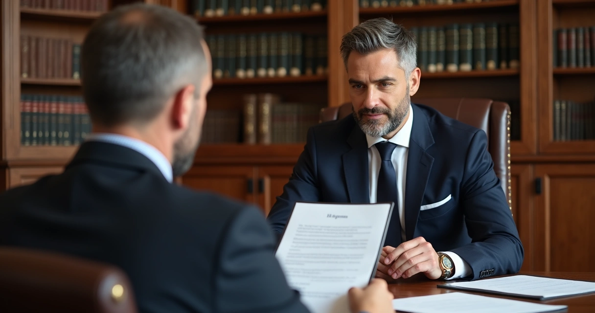 Advogado mostrando documentos a cliente em escritório 