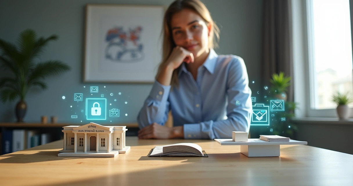 Advogada avaliando cartório tradicional e plataforma digital em balança moderna 