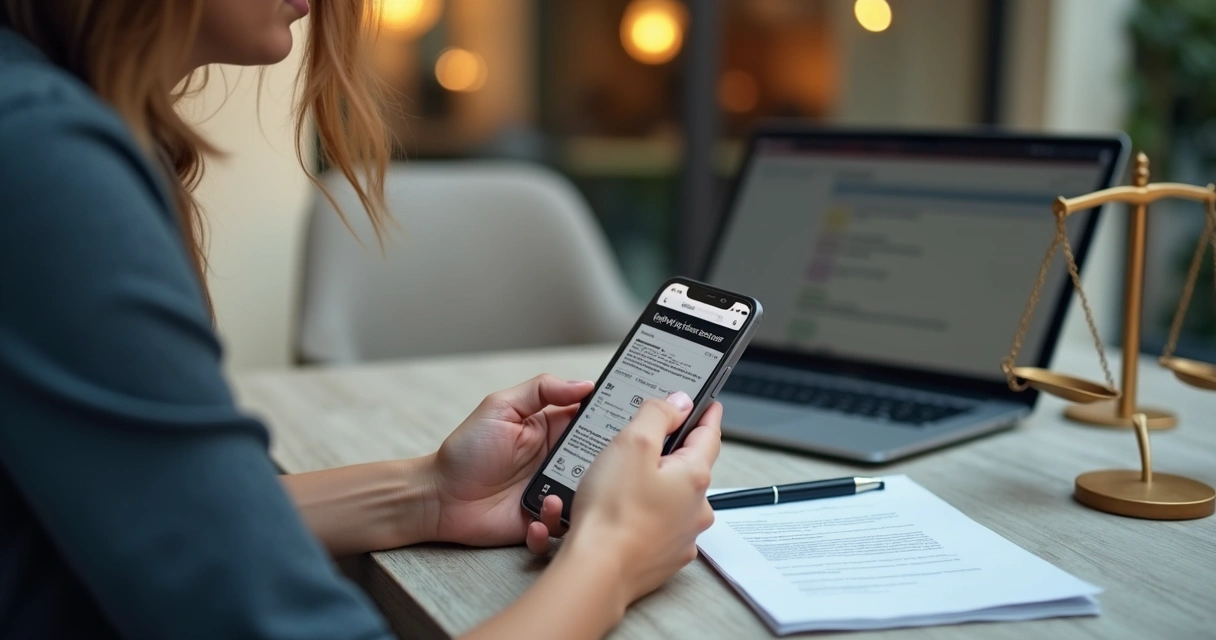 Advogada consultando aplicativo jurídico no celular com documentos digitais ao lado 