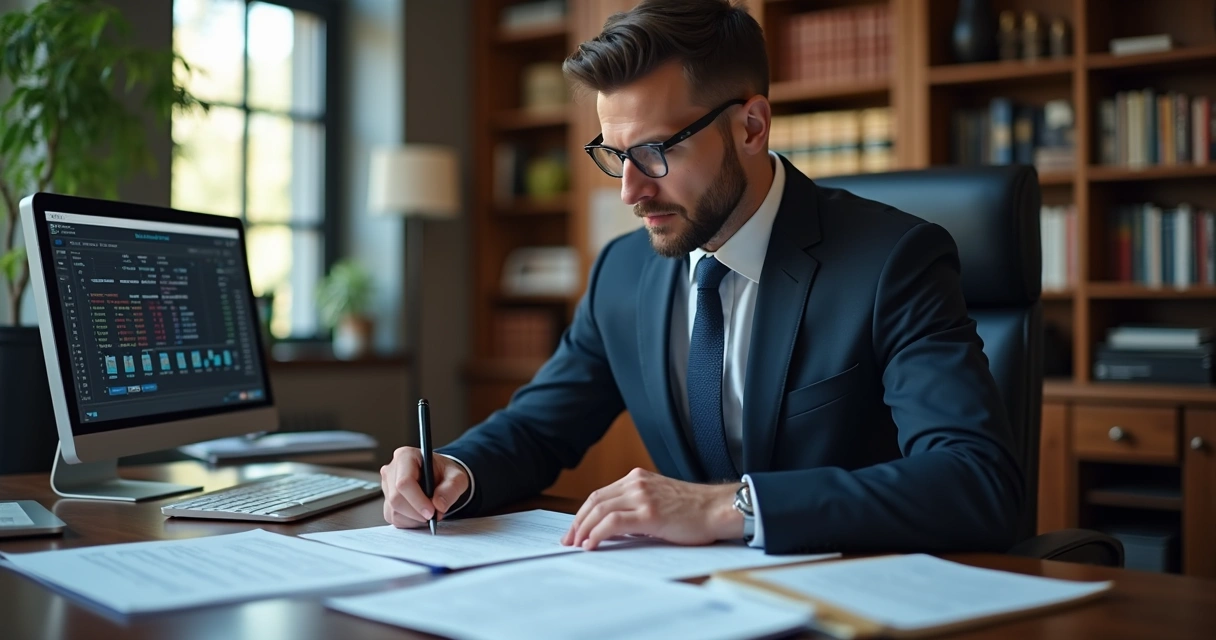 Advogado analisando documentos de ressarcimento do SUS 