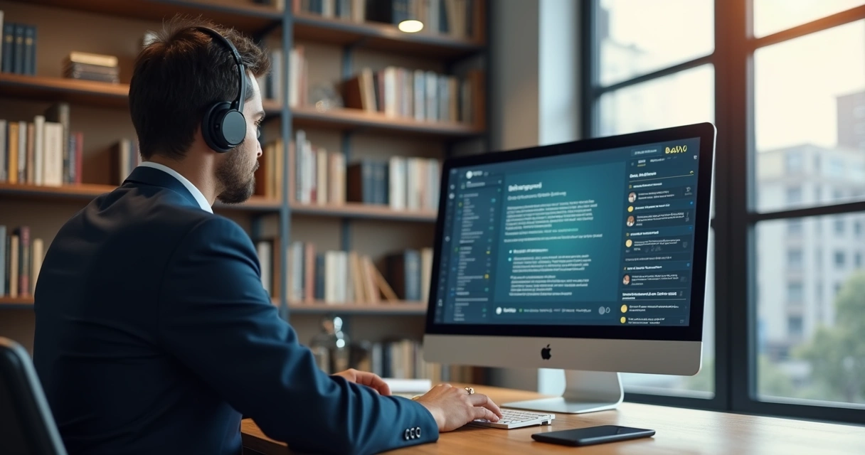 Advogado consulta ChatADV no computador de escritório 