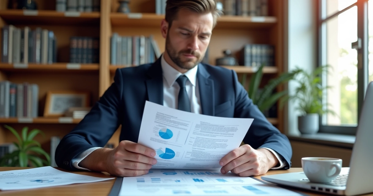 Advogado analisando laudo médico detalhado em escritório moderno 