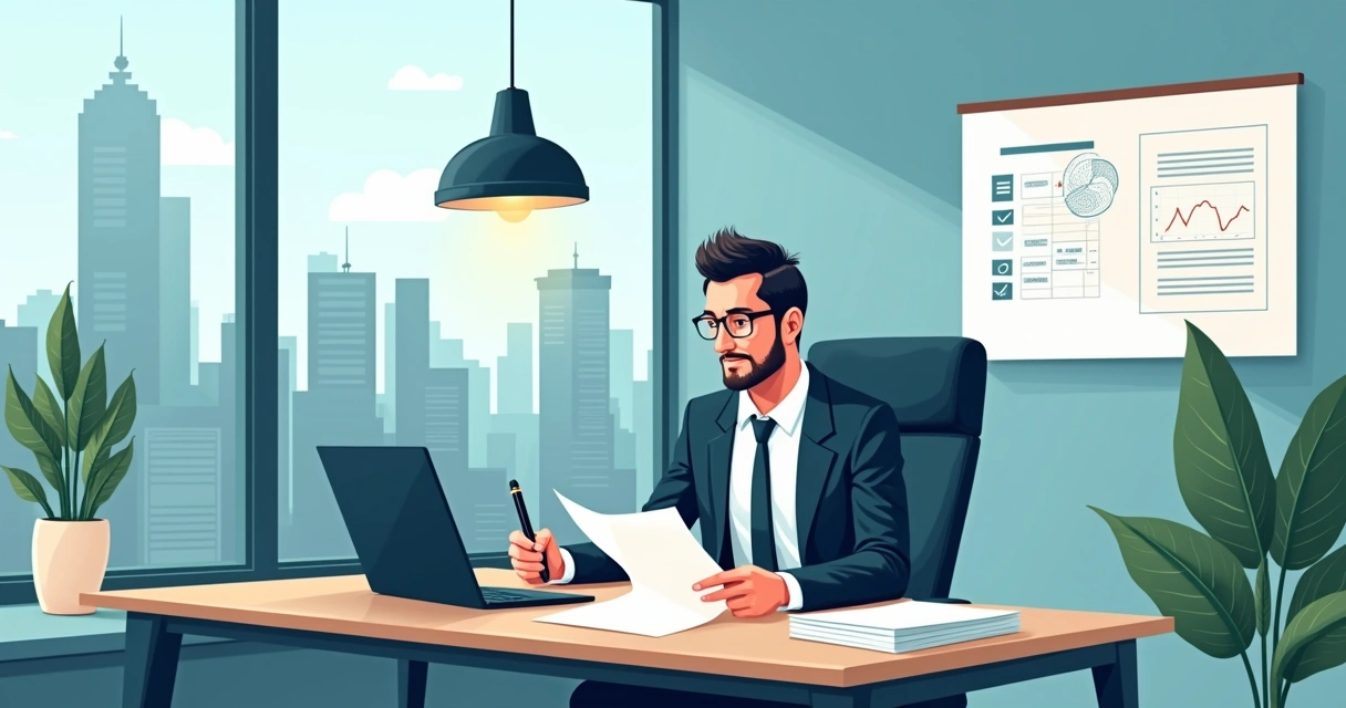Advogado de compliance revisa contrato em escritório moderno, cercado por documentos e um laptop com gráficos financeiros.