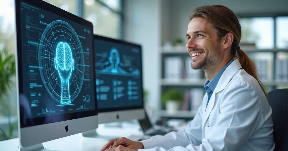 Advogado sorridente trabalhando em computador com IA 