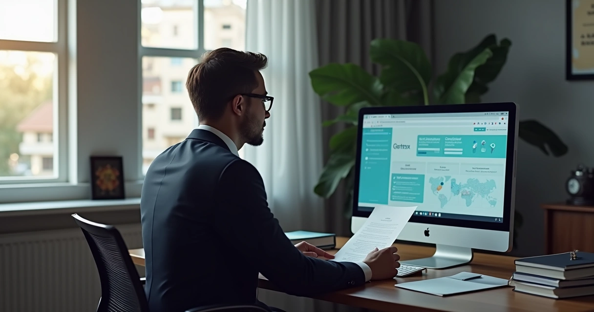 Advogado analisando petição em computador utilizando inteligência artificial 