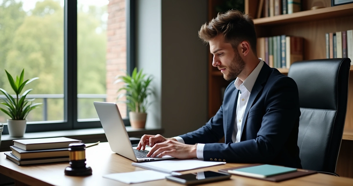 Advogado usando computador na mesa de escritório 