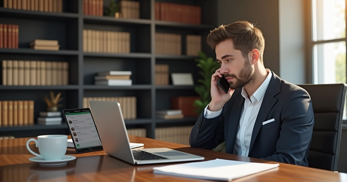 Advogado usando simultaneamente WhatsApp, e-mail e telefone em uma mesa organizada 