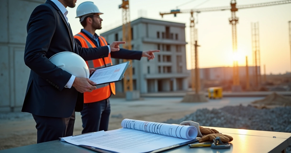 Advogado com capacete e prancheta analisando documentos em canteiro de obras ao lado de grua e prédio em construção 