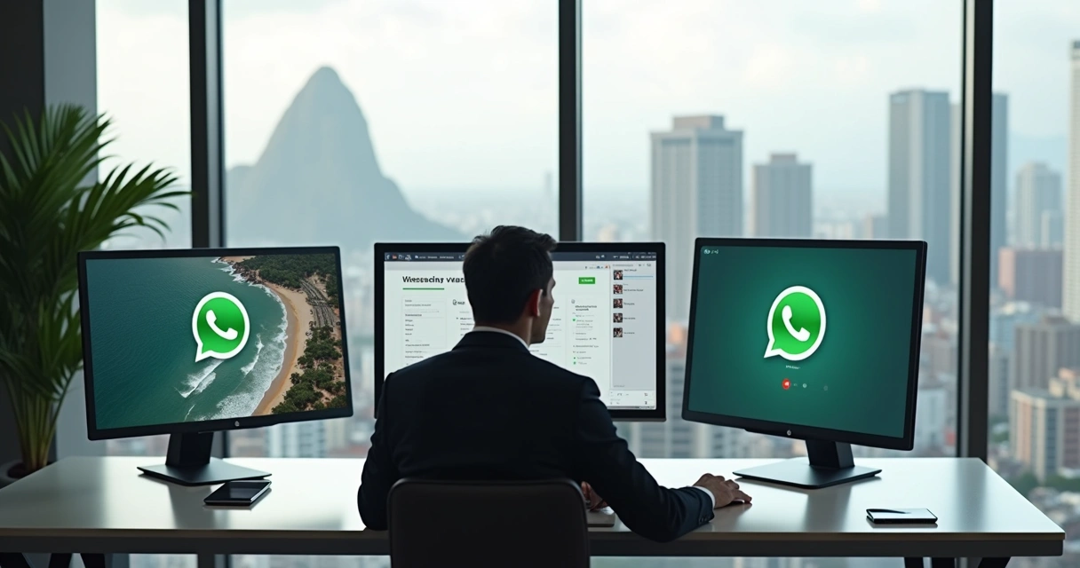 Advogado em reunião online via WhatsApp atendendo cliente em escritório moderno com tecnologia avançada 