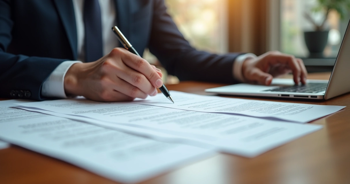 Advogado analisando contrato de aluguel em escritório com documentos e computador 