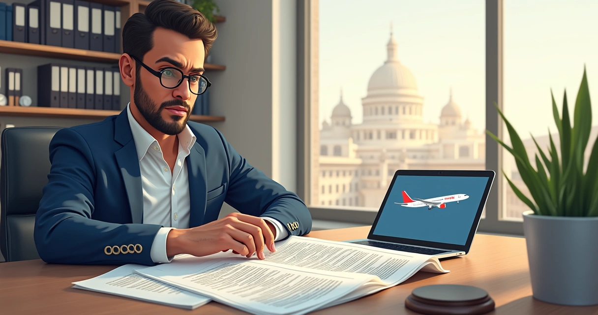 Advogado analisando papéis em um escritório moderno 