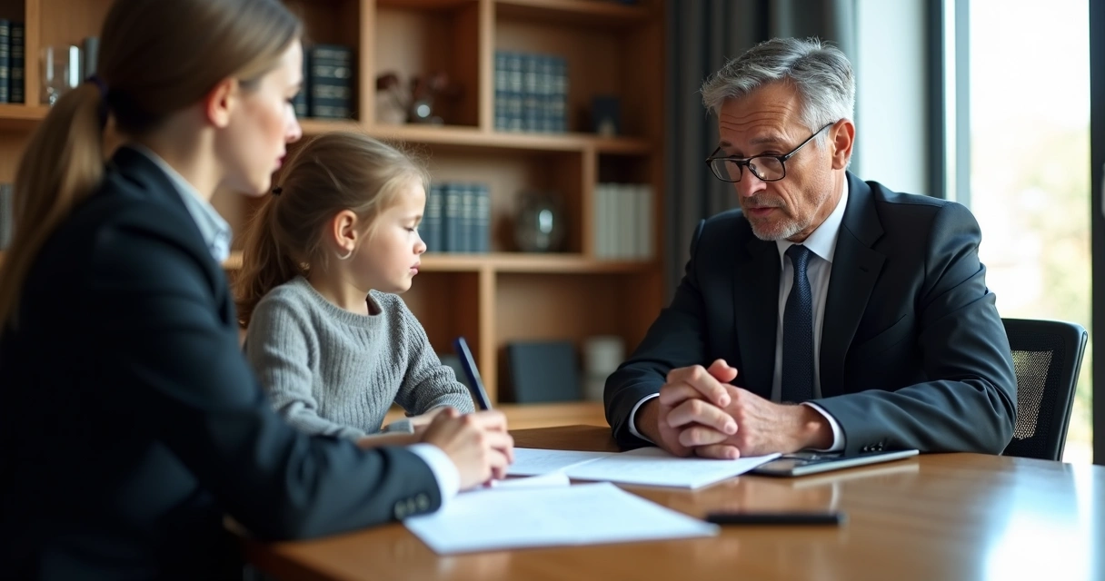 Advogado consultando família em ambiente de escritório com documentos e expressão séria 