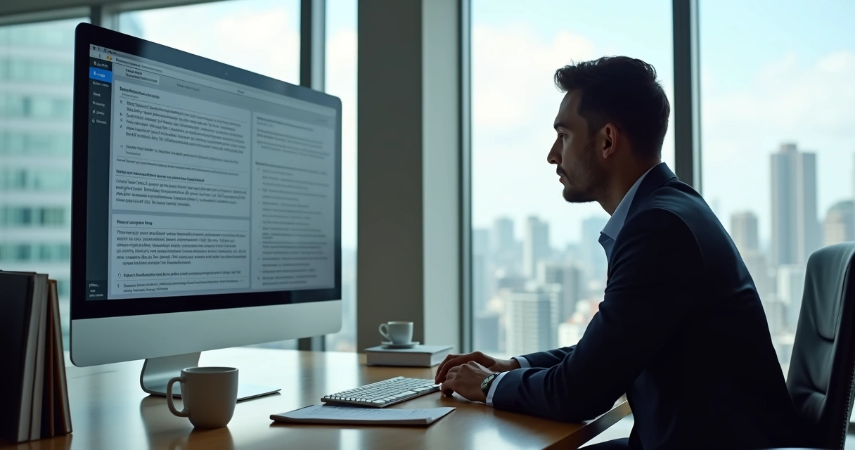 Advogado em escritório analisando jurisprudência em tela de computador. 