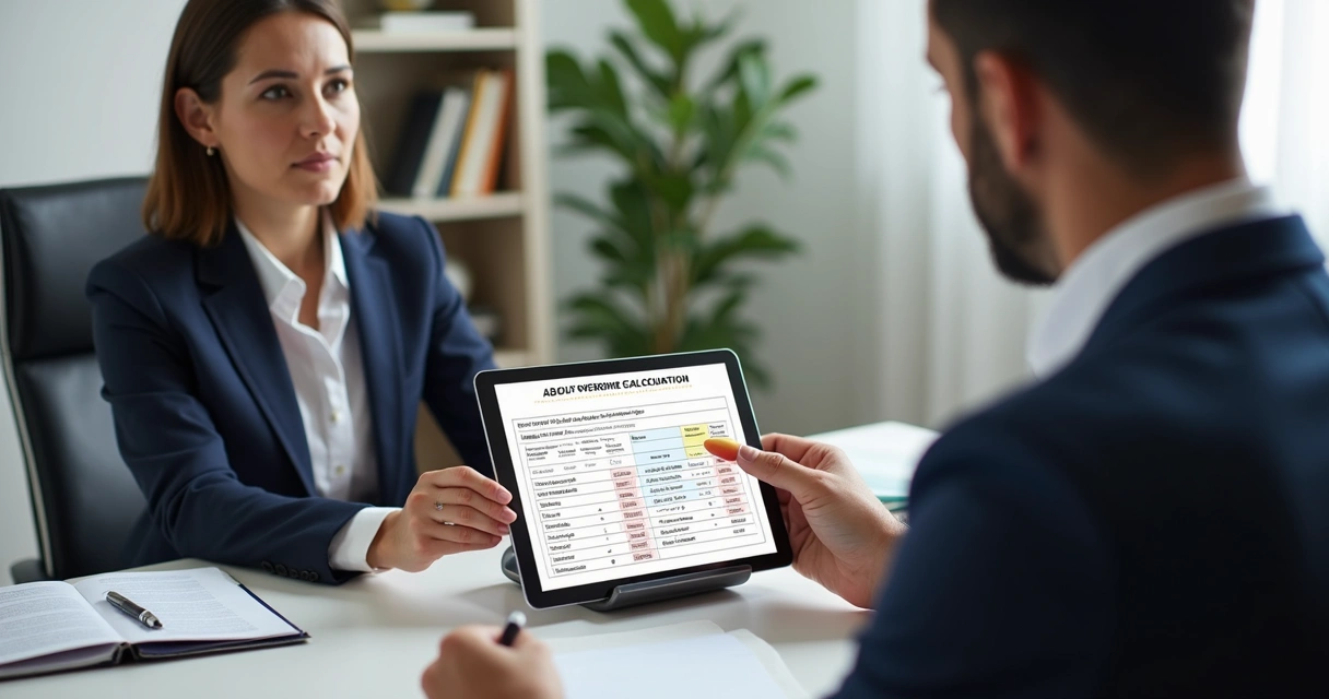Advogado orientando sobre cálculo de hora extra com cliente em escritório 