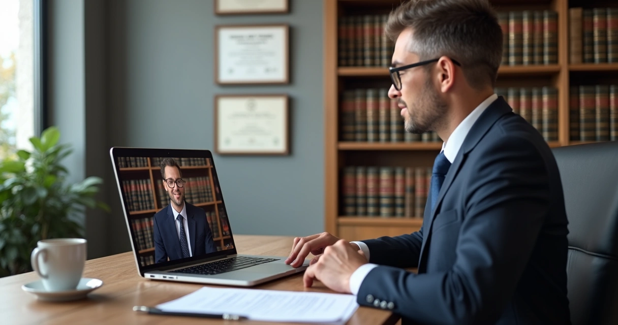 Advogado atendendo cliente em consulta jurídica online no escritório moderno com computador e documentos 