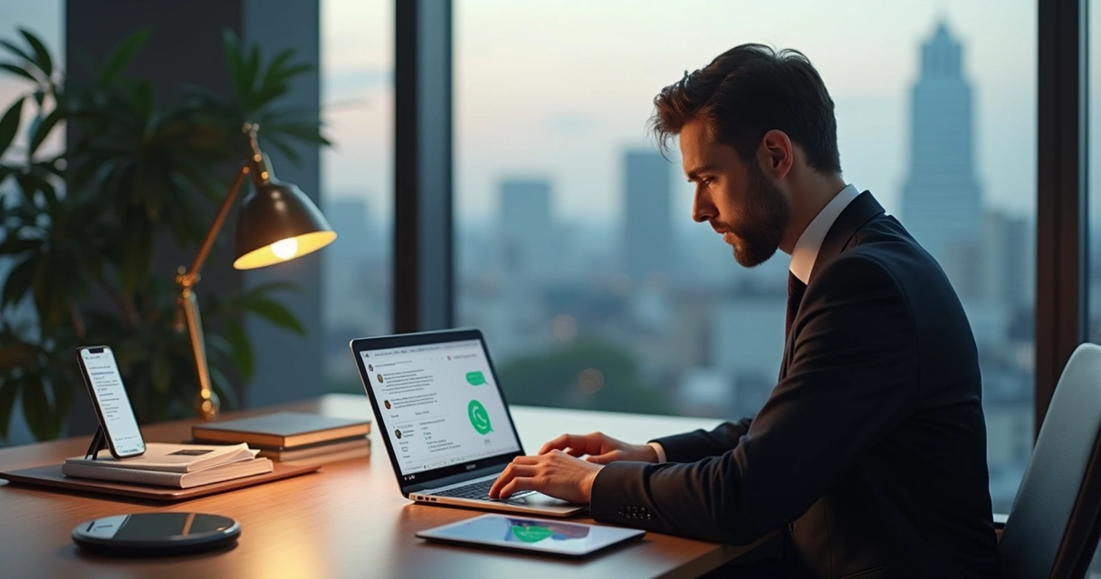 Advogado em escritório moderno usando notebook para consulta jurídica digital 