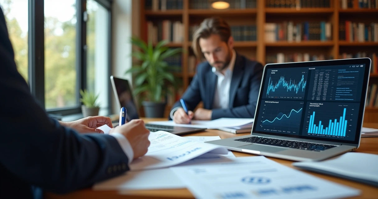 Advogado analisando documentos jurídicos para consultoria tributária em escritório moderno 