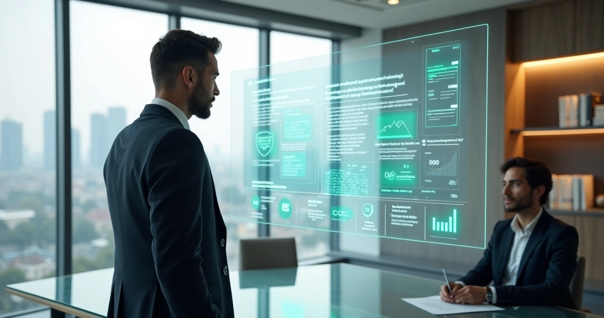 Advogado do consumidor apontando para painel digital com solução bancária transparente 