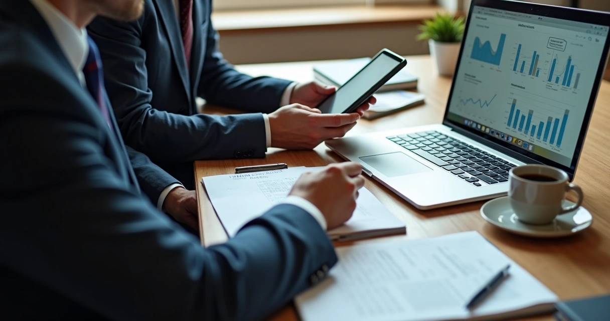 Advogado e contador analisando dados fiscais em tablet e notebook 