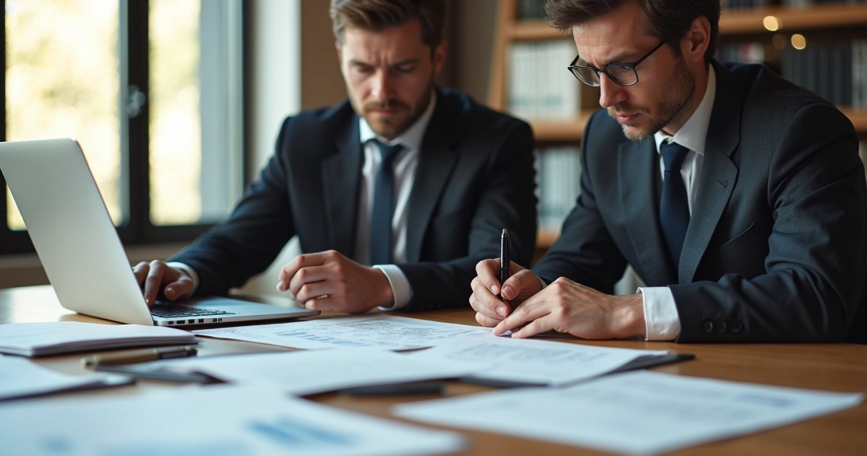 Advogado e contador revisando documentação de empresa 