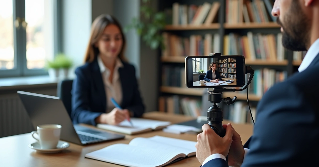 Advogado gravando conteúdo jurídico em escritório