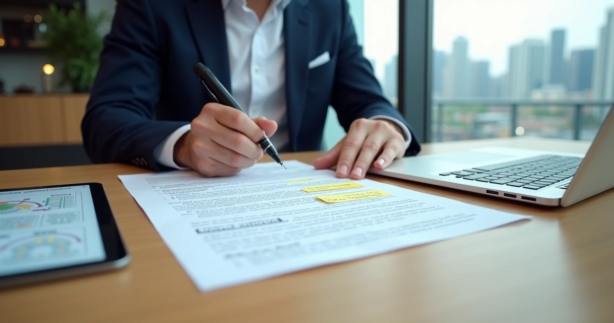 Advogado revisando cláusulas contratuais em contrato empresarial sobre mesa de escritório moderno 