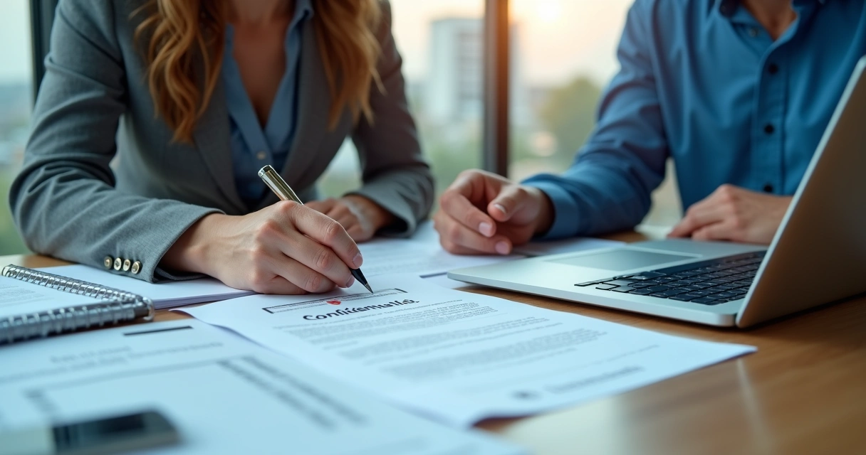 Como proteger a propriedade intelectual da sua empresa nos EUA 2 Empresário e advogada revisando contrato de confidencialidade no escritório